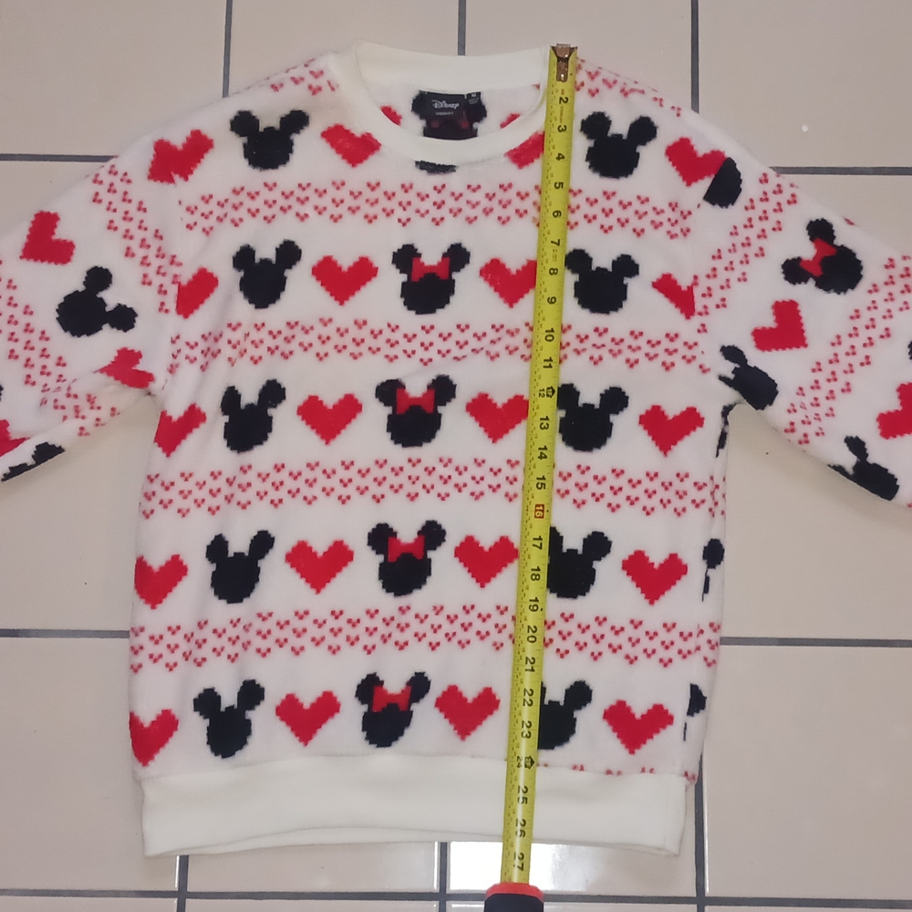 Womens Disney White Sweatshirt with Red Hearts and Mini Mouse Patterns